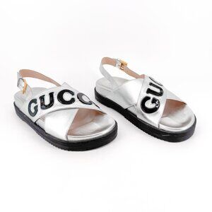 Gucci Ornella Slingback Sandals EU 38.5 US 8.5 Silver Leather Logo Cross Flat